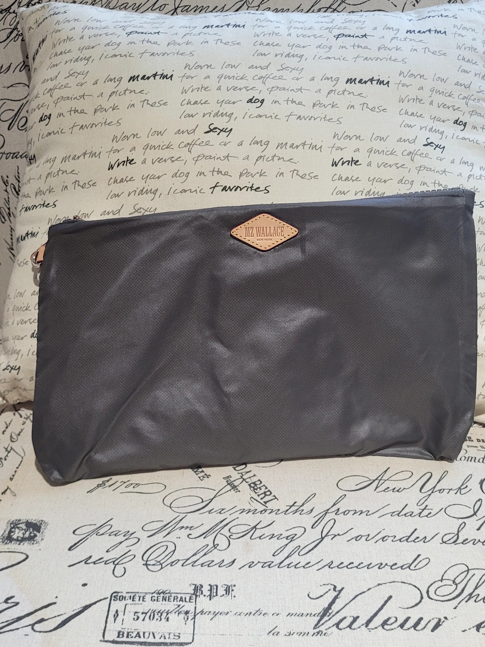 MZ Wallace Gray Toiletry Bag with Tan Leather Logo Patch